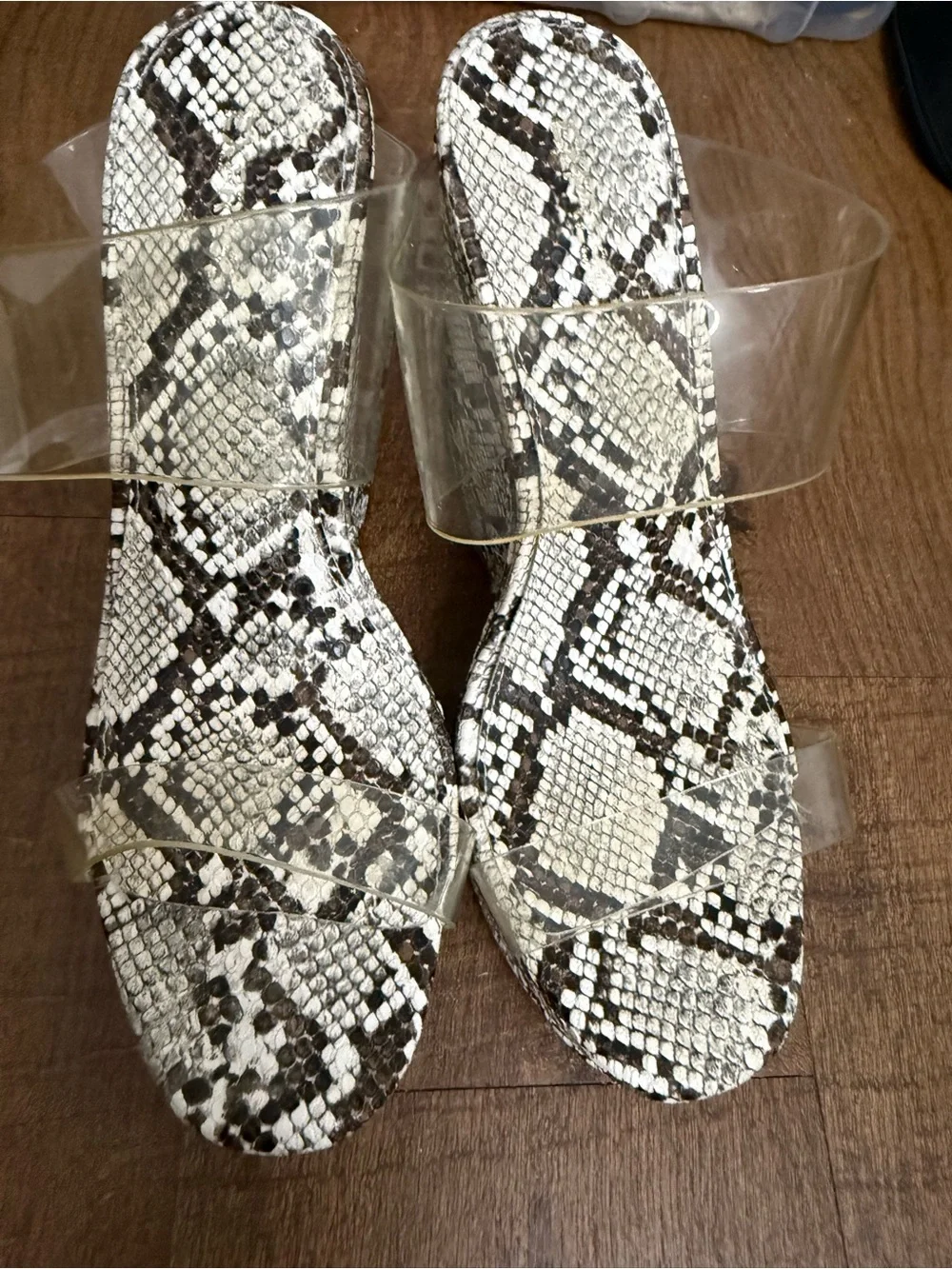 Express Clear-Strap Wedge Sandals in Black and White Snake Print